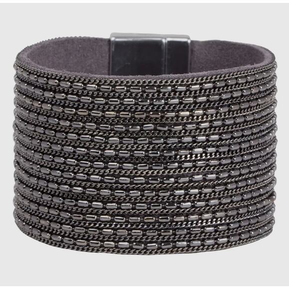 NWT ROCK 🎸 & ROLL CHAIN AND LEATHER CUFF BRACELET GUNMETAL - Picture 1 of 5